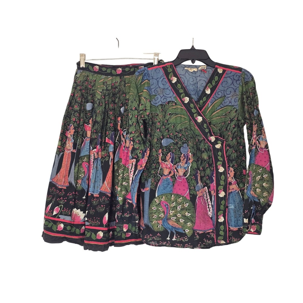 Vintage 100% Cotton Indian Mughal Peacock Novelty Print Skirt Top Set *-Button*